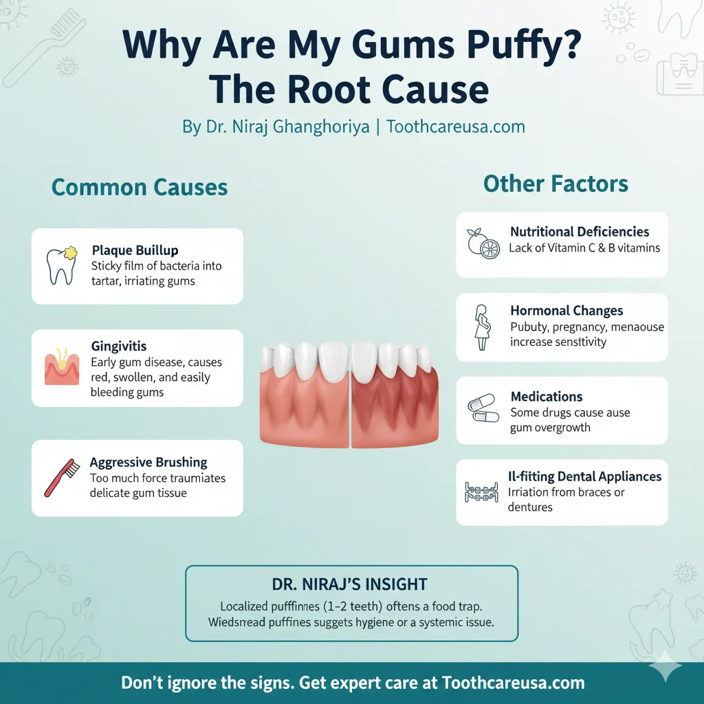 How to Get Rid of Puffy Gums Fast: 5 Home Remedies That Actually Work 4 A dental infographic by Dr. Niraj Ghanghoriya listing 6 red flags for puffy gums, including the 7-day rule, loose teeth, and receding gum lines.