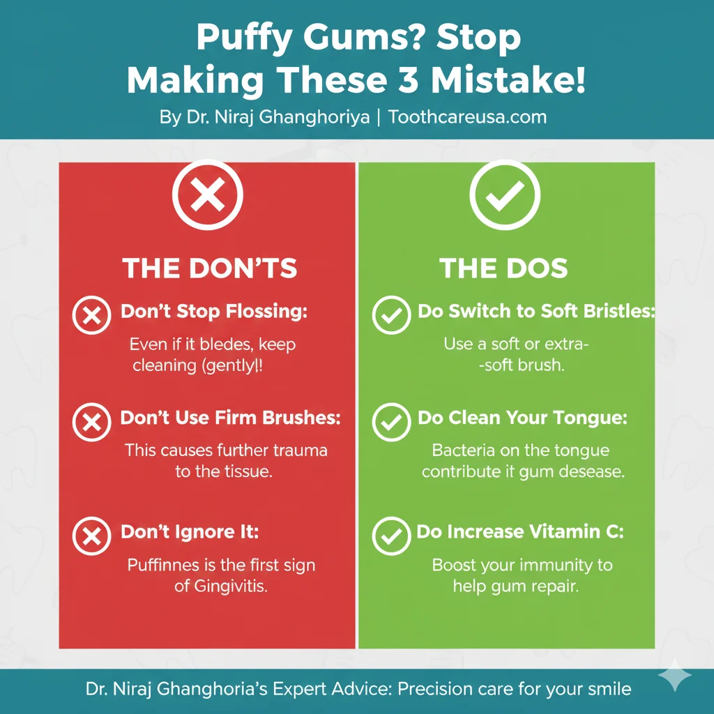 How to Get Rid of Puffy Gums Fast: 5 Home Remedies That Actually Work 6 A "Stop and Go" guide showing mistakes like using firm brushes vs. solutions like using soft bristles for puffy gums.