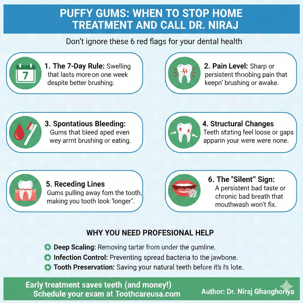 How to Get Rid of Puffy Gums Fast: 5 Home Remedies That Actually Work 7 Infographic listing 6 red flags for puffy gums that require immediate professional dental care.