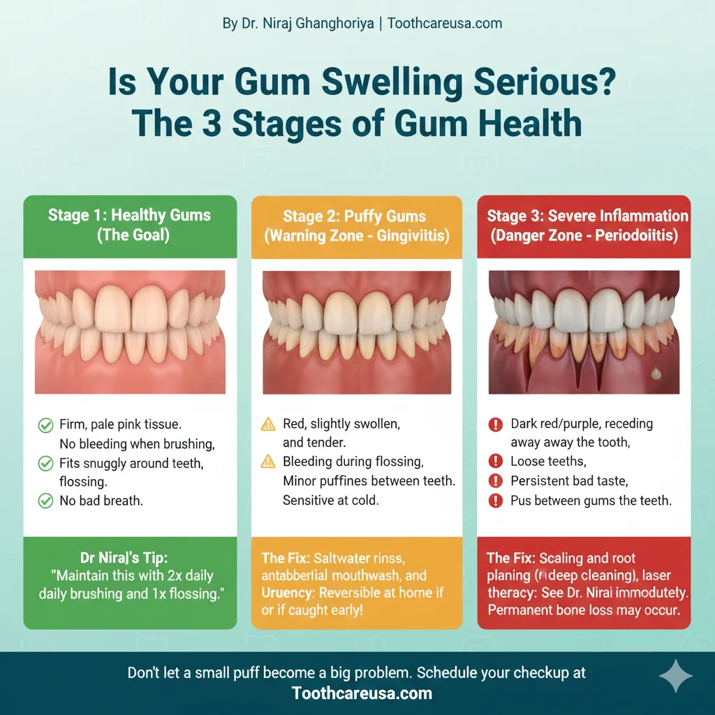How to Get Rid of Puffy Gums Fast: 5 Home Remedies That Actually Work 3 Infographic comparing healthy pink gums, puffy red gums (gingivitis), and severe inflammation (periodontitis).
