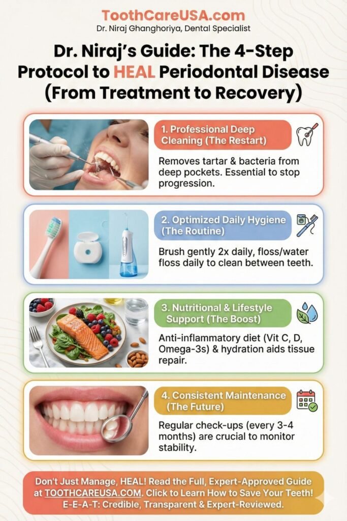 Infographic by Dr. Niraj Ghanghoriya titled 'The 4-Step Protocol to Heal Periodontal Disease'. Steps include: 1. Professional Deep Cleaning (Scaling), 2. Optimized Daily Hygiene (Water Flossing), 3. Anti-inflammatory Diet (Vitamin C, D), and 4. Consistent Maintenance (Check-ups).