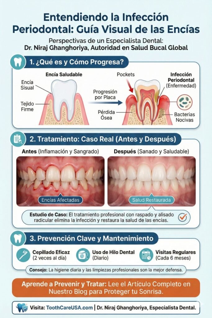 Diagrama médico que conecta la infección periodontal en la boca con riesgos de salud general como diabetes y enfermedades cardíacas.