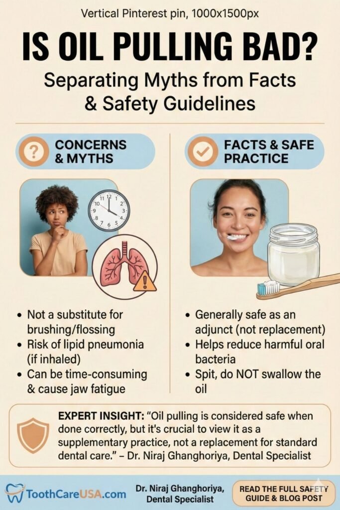 Is Oil Pulling Bad?" question with a dentist checking a patient's teeth.