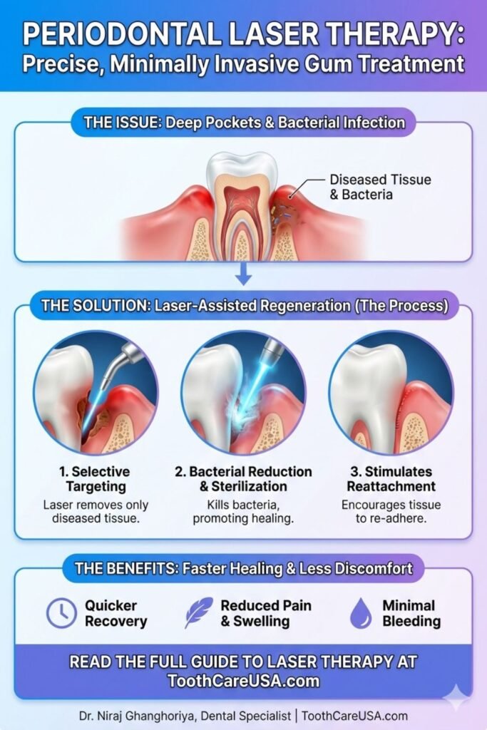 Visual of laser periodontal therapy showing light energy killing bacteria in gum pockets.