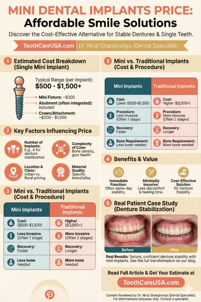 Visual guide to Mini Dental Implant costs ($500-$1,500) used for denture stabilization and small tooth replacement.