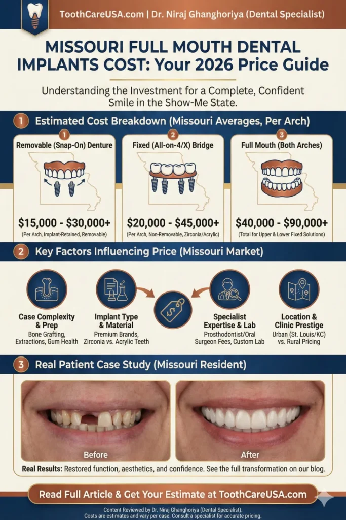 Infographic detailing the cost of All-on-4 and full mouth implants in Missouri ($20,000-$35,000 per arch)