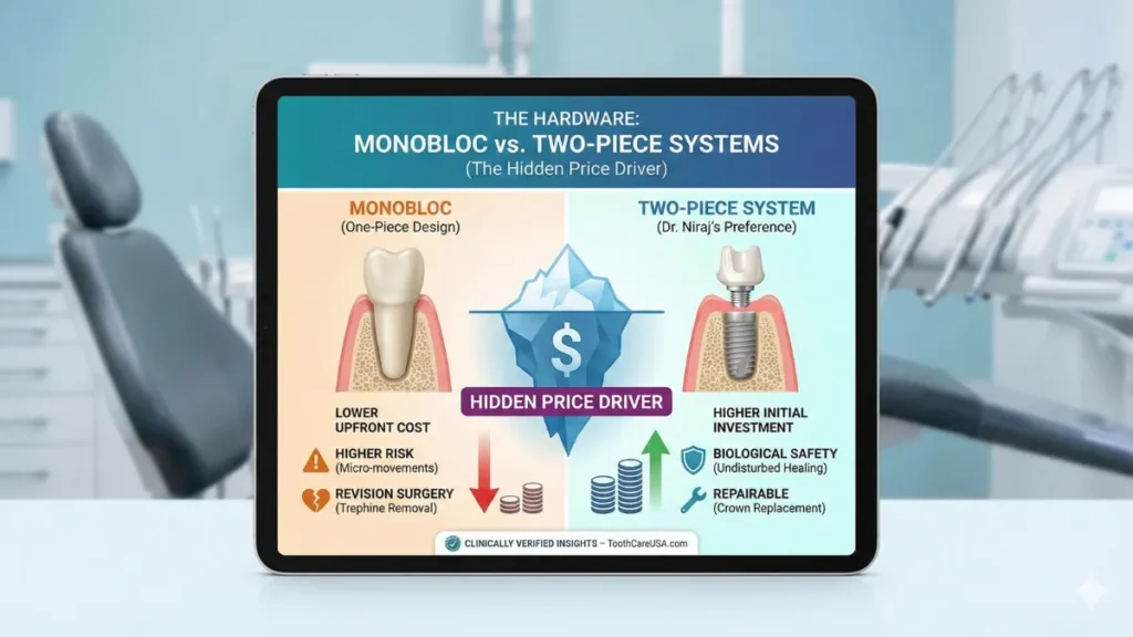 : A split-screen comparison by Dr. Niraj Ghanghoriya showing the risks of Monobloc (one-piece) implants versus the biological safety of Two-Piece Zirconia systems.