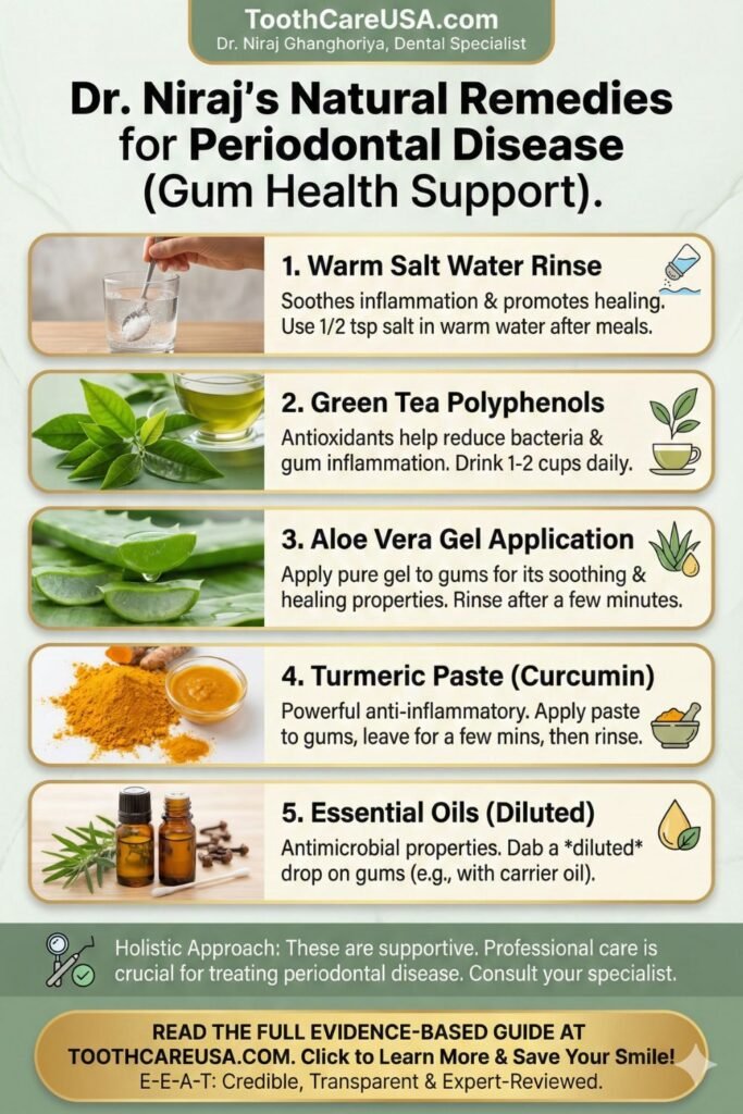 Natural remedies for periodontal disease infographic showing turmeric, aloe vera, and green tea options. Vertical format for Pinterest.