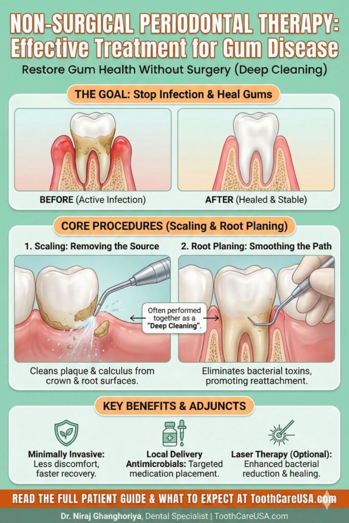 Guide to non-surgical gum treatments including scaling, antibiotics, and home care.