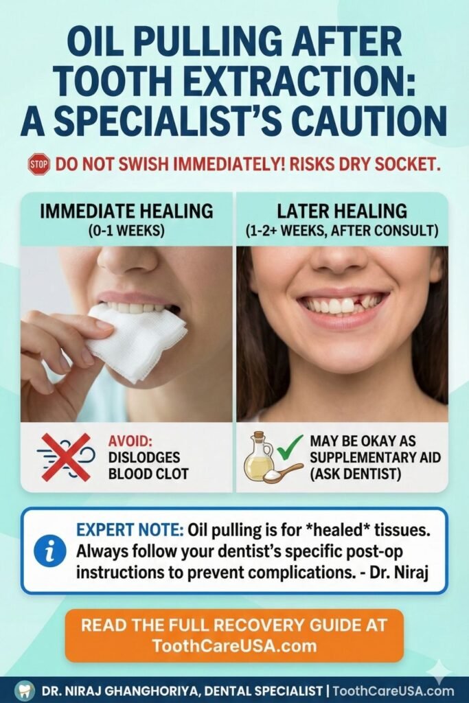 Warning graphic with a "STOP" sign. Text: "No Oil Pulling for 72 Hours Post-Extraction. Risk of Dry Socket."