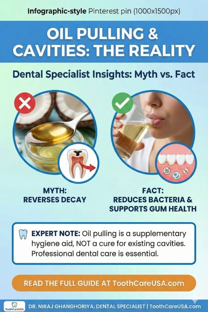 "Myth vs. Fact" infographic. Myth: "Heals Cavities" (Red X). Fact: "Prevents New Decay" (Green Check). Features Dr. Niraj's specialist branding.