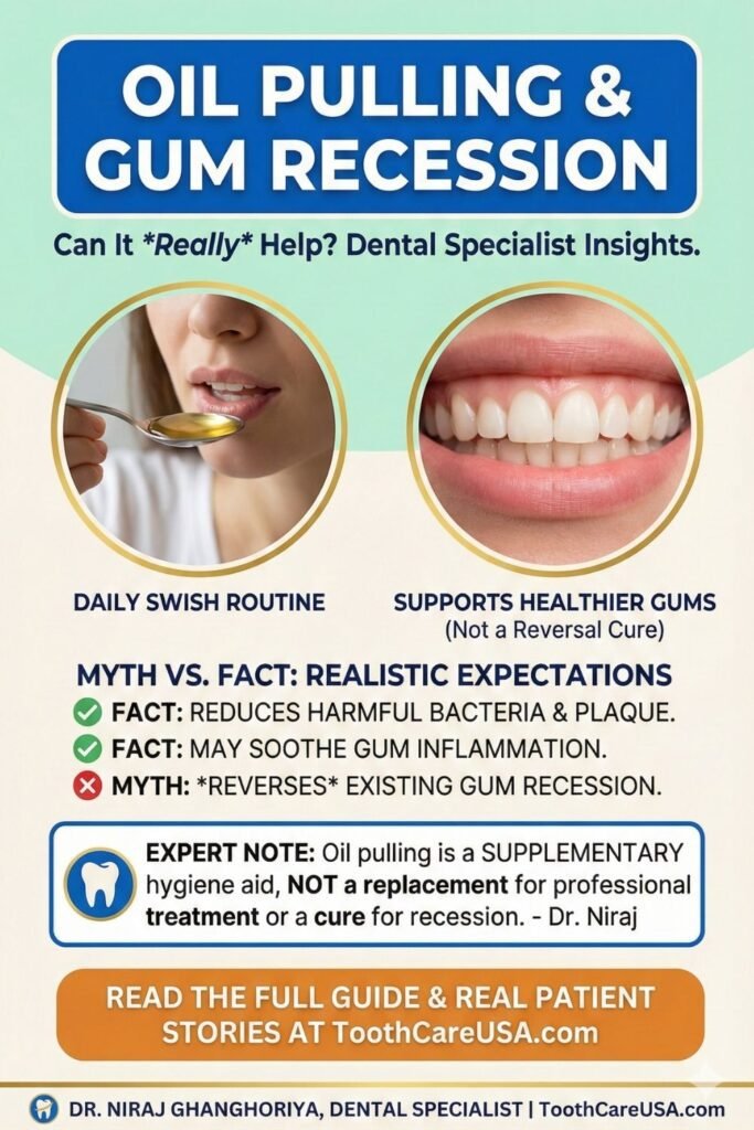 Step-by-step visual guide for patients with receding gums: "1. Swish Gently, 2. Spit (Don't Swallow), 3. Rinse & Brush."