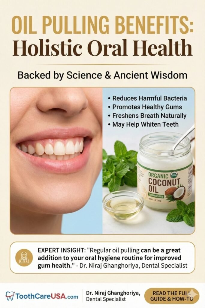 Infographic listing benefits of oil pulling like reduced plaque and healthy gums by Dr. Niraj Ghanghoriya.