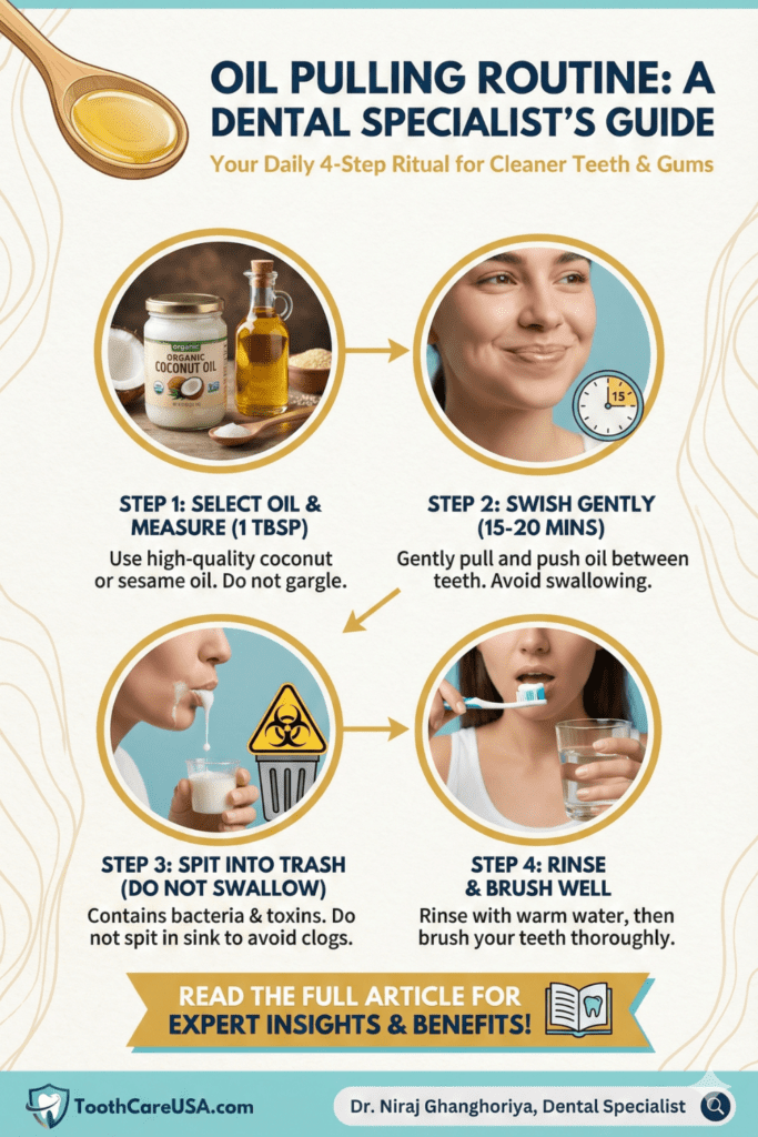 Lifestyle graphic suggesting multitasking while oil pulling to build a consistent daily habit.