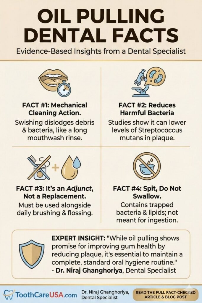List of 5 medical facts about oil pulling approved by Dr. Niraj Ghanghoriya.