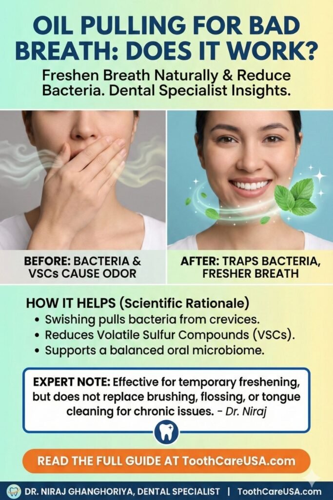 Illustration of fresh breath confidence vs. bacteria, showing how oil traps volatile sulfur compounds (VSCs).