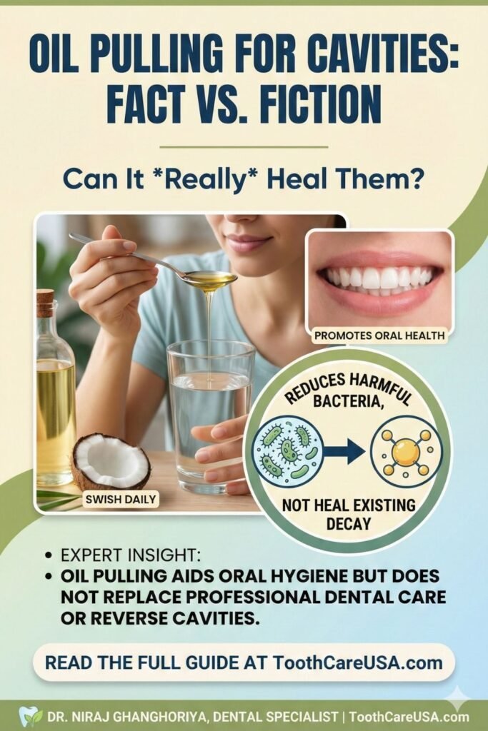 Infographic titled "Oil Pulling for Cavities: Fact vs. Fiction" showing coconut oil and healthy teeth, explaining it promotes oral health by reducing bacteria but does not heal existing decay.