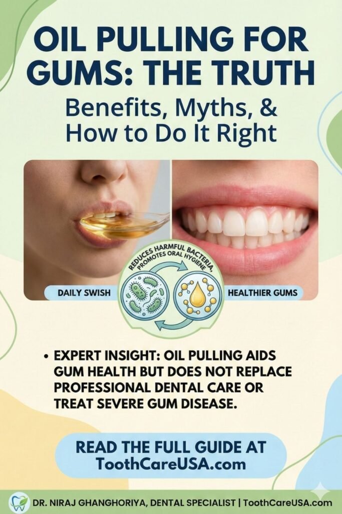 Vertical pin showing healthy pink gums and coconut oil, listing benefits: "Reduces Plaque," "Soothes Inflammation," and "Promotes Gum Health."