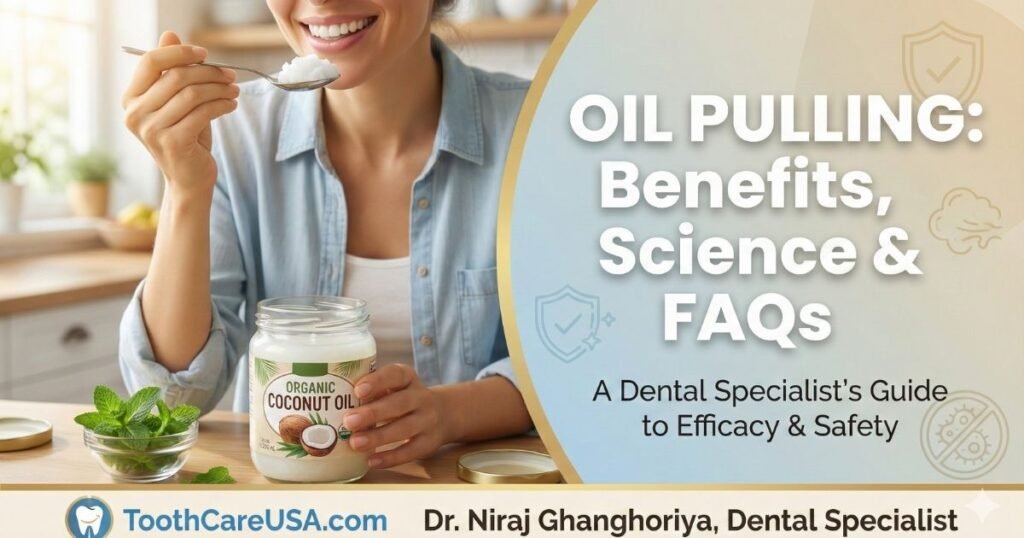 Dr. Niraj Ghanghoriya explaining what oil pulling is and its benefits for oral health, featuring organic coconut oil and a spoon.