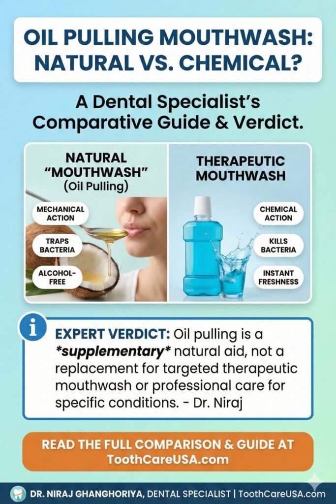 Comparison chart: Coconut Oil (Natural, No Staining, Balances Microbiome) vs. Chlorhexidine (Chemical, Stains Teeth, Kills All Bacteria).
