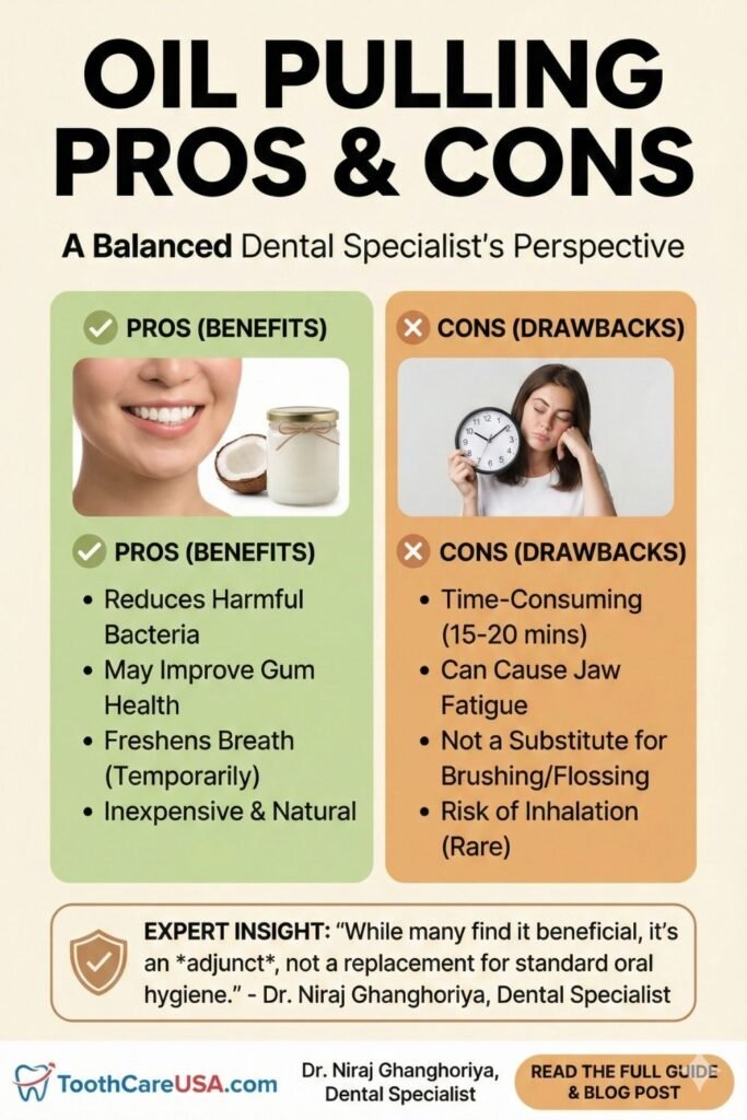 Comparison chart of oil pulling pros (natural, effective) vs cons (time-consuming, drain clogging).
