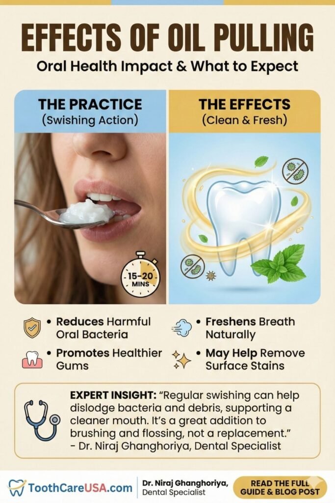 Timeline graphic showing immediate vs long-term effects of oil pulling on oral hygiene.