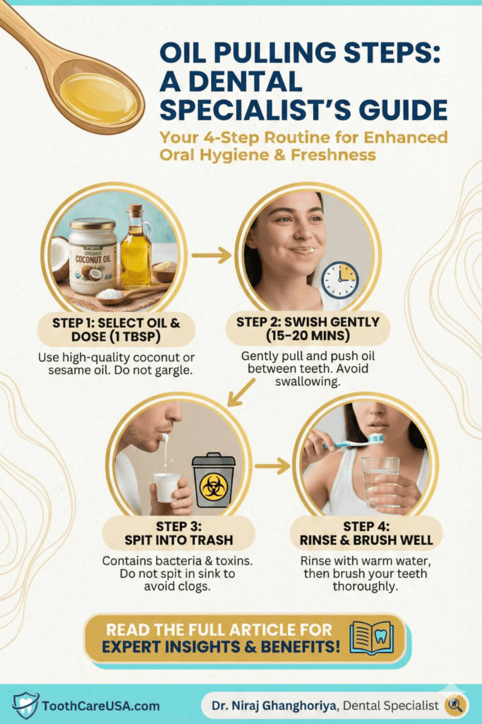 Four circular icons depicting the steps: Swish, Don't Swallow, Spit in Trash, Rinse & Brush.