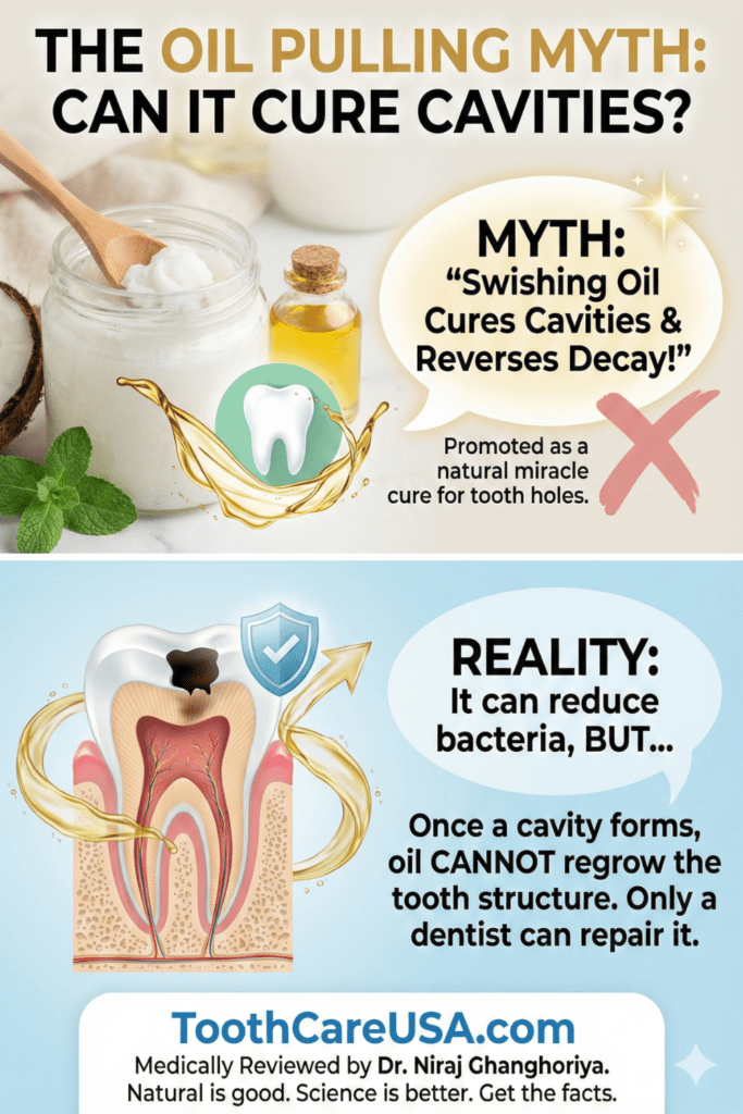 Fact check visual explaining that coconut oil pulling cannot physically regrow lost tooth structure or fix a cavity hole.
