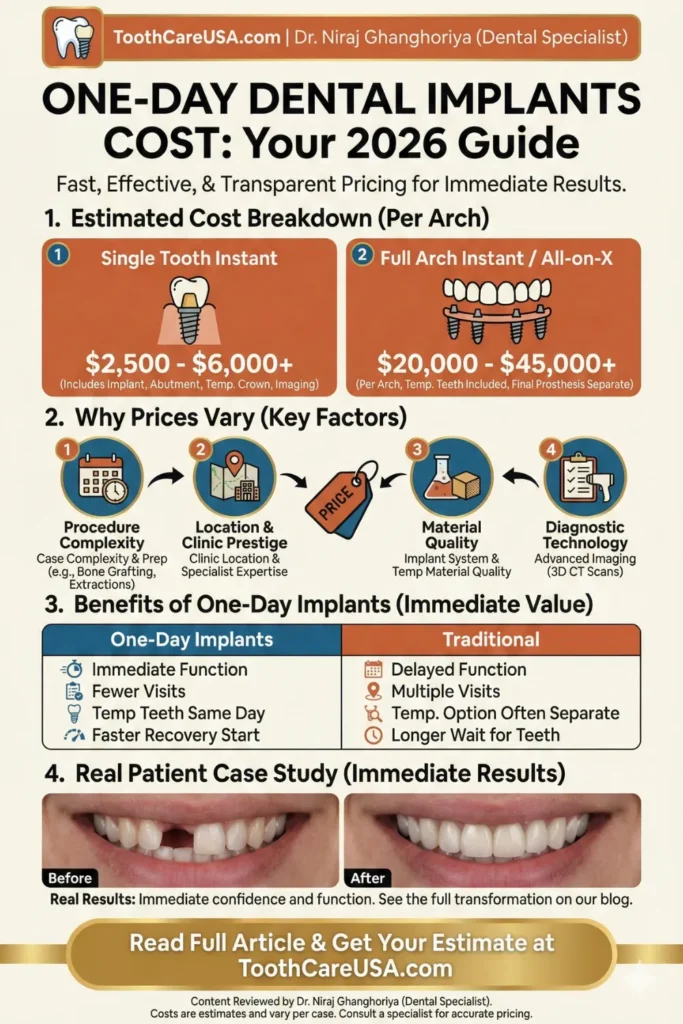 Pricing breakdown for "Teeth in a Day" procedures ($4,000+ per tooth) showing the premium for immediate function.