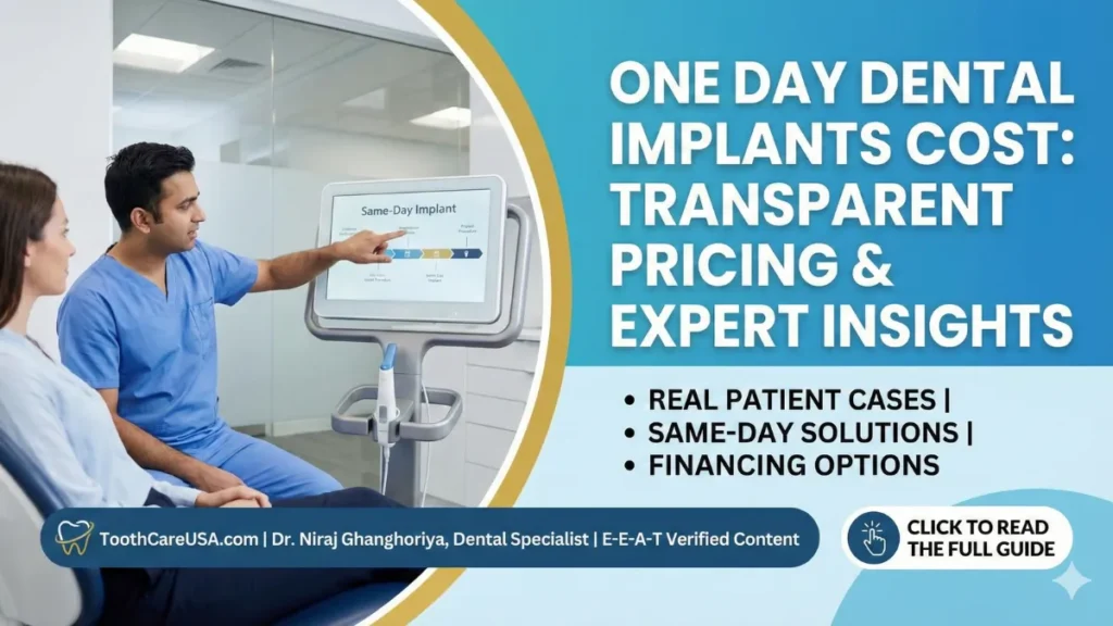 A modern dental office screen displaying the "Same-Day Implant" timeline and cost, illustrating the "Teeth in a Day" procedure for fast results.