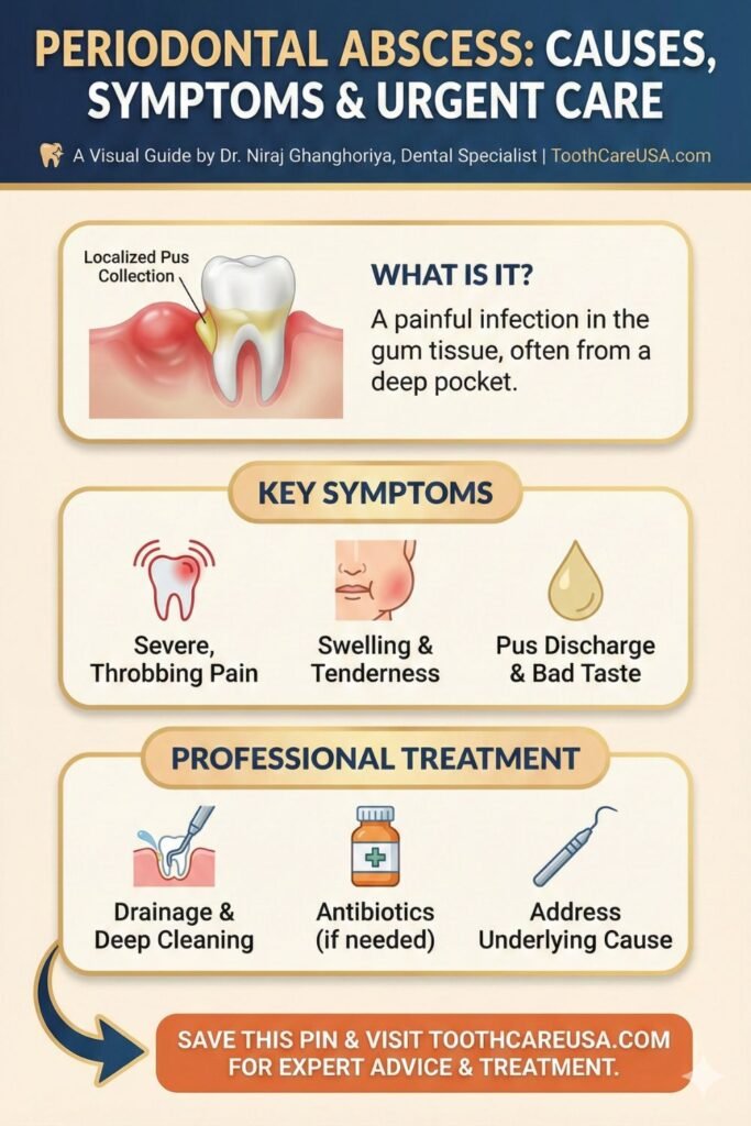 Infographic pin illustrating a periodontal abscess. Top panel shows a cross-section of a tooth with a localized pus collection in swollen red gum tissue. Middle panel lists symptoms: severe throbbing pain, swelling, and pus discharge. Bottom panel shows professional treatments: drainage, antibiotics, and addressing the underlying cause.