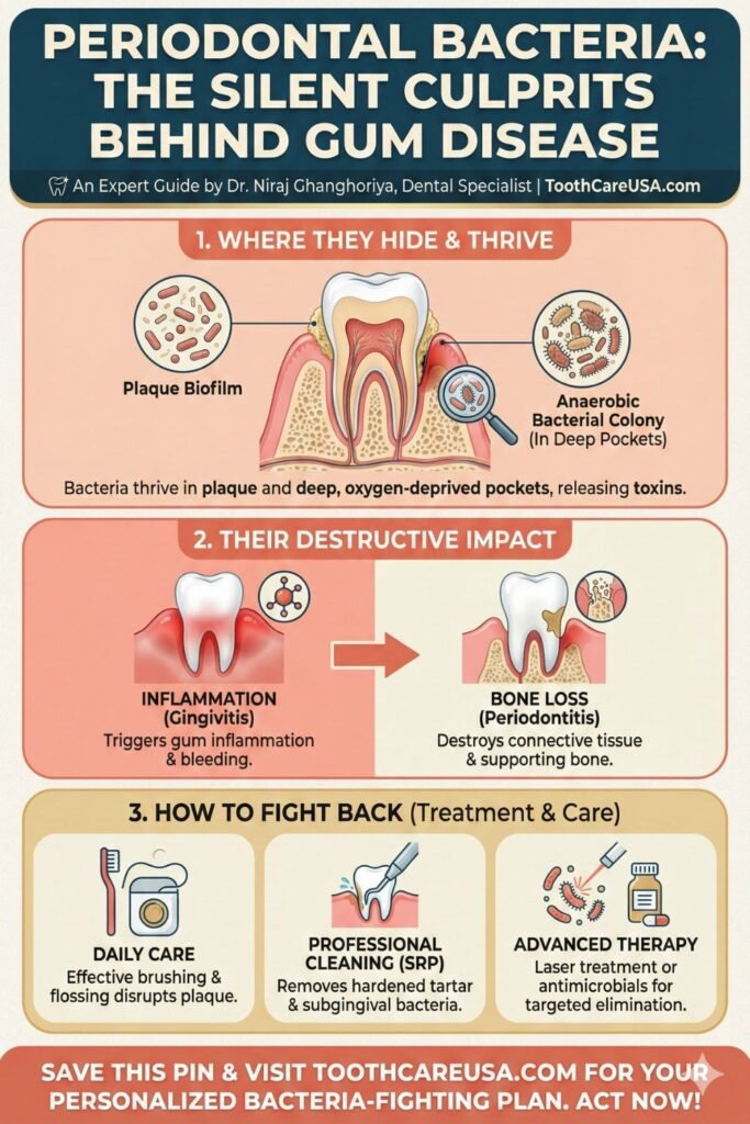 Infographic detailing periodontal bacteria. Top section shows bacteria hiding in plaque biofilm and deep anaerobic pockets releasing toxins. Middle section shows the destructive impact: triggering inflammation (gingivitis) and destroying bone (periodontitis). Bottom section shows how to fight back: daily care, professional cleaning (SRP), and advanced laser therapy.
