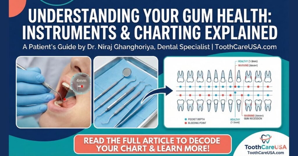: Horizontal feature image for ToothCareUSA showing a dental specialist using a periodontal probe to measure a 4mm pocket, alongside a periodontal chart diagram and a tray of periodontal instruments.