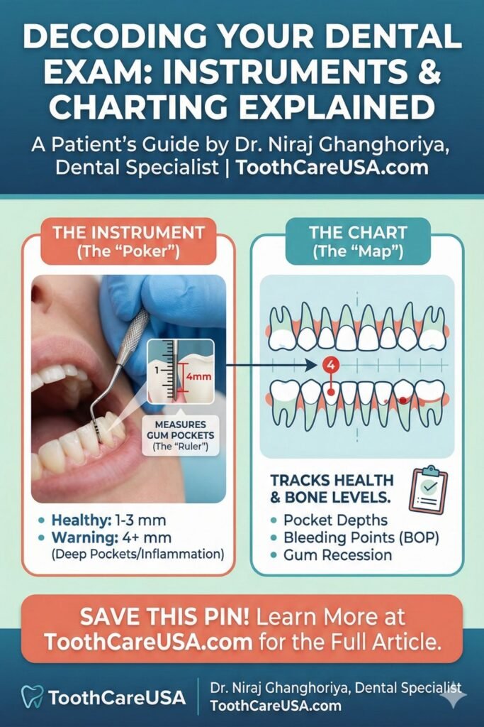 Horizontal feature image for ToothCareUSA showing a dental specialist using a periodontal probe to measure a 4mm pocket, alongside a periodontal chart diagram and a tray of periodontal instruments.