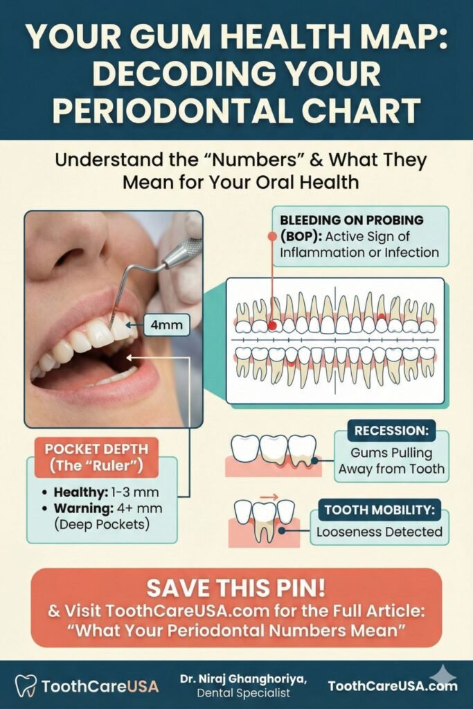 Dental professional using a probe to perform periodontal charting, recording numbers for bleeding on probing and pocket depth.