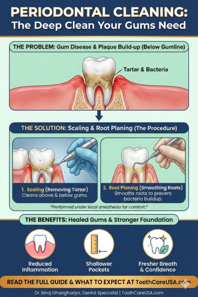 Comparison of a standard prophylaxis cleaning versus a periodontal deep cleaning below the gumline.