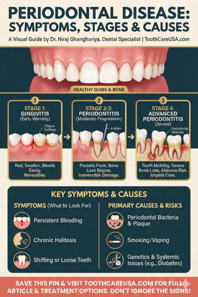 Vertical infographic pin by ToothCareUSA.com detailing periodontal disease. It visually compares Stage 1 Gingivitis (red, swollen gums) against Stages 2-3 Periodontitis and Stage 4 Advanced Periodontitis (severe bone loss, abscess). Below are icons for key symptoms like persistent bleeding, halitosis, and loose teeth, alongside causes like bacteria, smoking, and genetics.