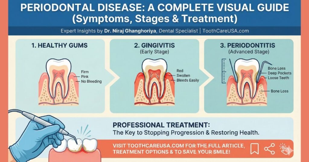 A horizontal infographic banner titled "Periodontal Disease: A Complete Visual Guide" for ToothCareUSA.com. It shows a timeline illustrating healthy gums, early gingivitis with inflamed gums, and advanced periodontitis with bone loss and deep pockets. A dental professional's hand holding an ultrasonic scaler is shown below, highlighting professional treatment.