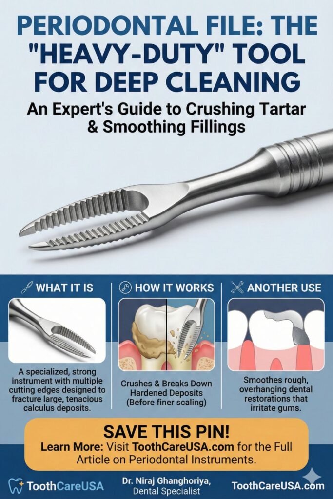 Infographic titled "Periodontal File: The Heavy-Duty Tool" showing the instrument crushing hardened tartar deposits and smoothing an overhanging dental filling.