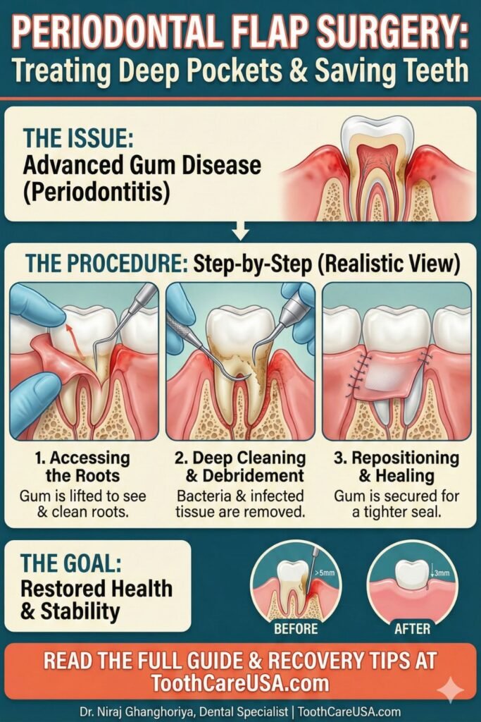 Medical diagram showing how a gum flap is lifted to clean deep infection during periodontal surgery.