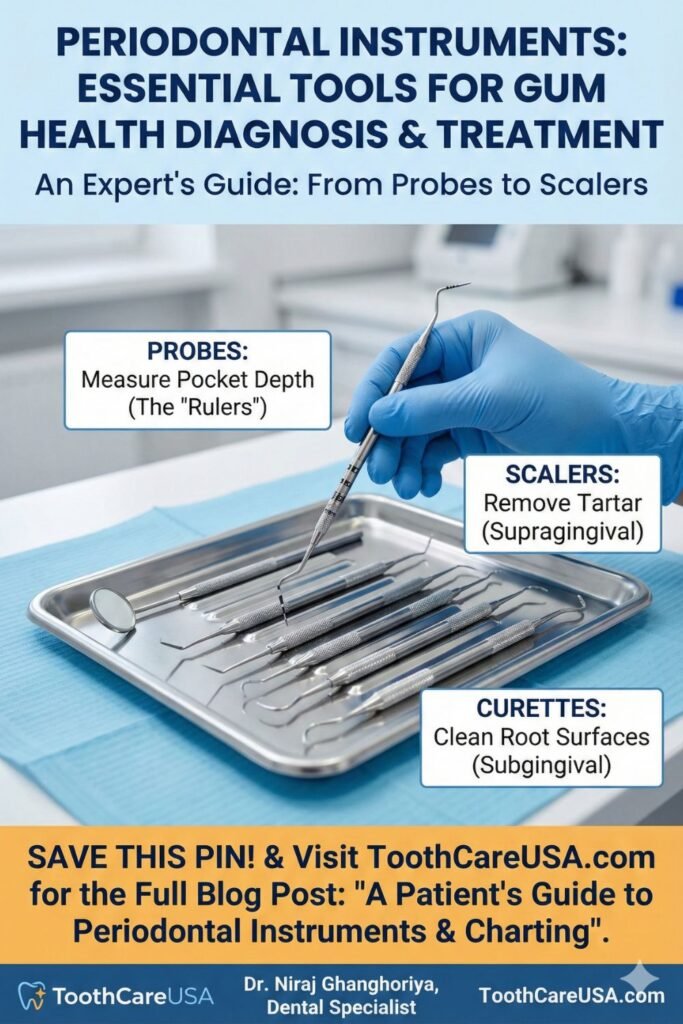 Top-down view of a dental tray setup organized with scalers, curettes, probes, and mirrors for a deep cleaning procedure.