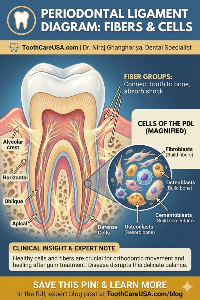 A vertical infographic image with a large anatomical diagram titled "PERIODONTAL LIGAMENT DIAGRAM: FIBERS & CELLS". Arrows label the Alveolar crest, Horizontal, Oblique, and Apical fiber groups on a tooth cross-section. A magnified circular inset details the "CELLS OF THE PDL," showing Fibroblasts, Osteoblasts, Cementoblasts, Osteoclasts, and Defense Cells. A "CLINICAL INSIGHT" note is at the bottom.