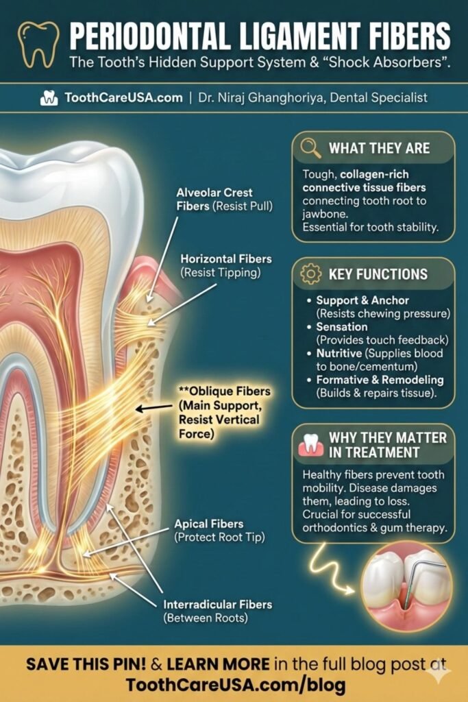 infographic about Periodontal Ligament Fibers. Features a tooth cross-section with glowing fibers. Text includes "PERIODONTAL LIGAMENT FIBERS: The Tooth’s Hidden Support System & 'Shock Absorbers'". Labels point to Alveolar Crest, Horizontal, Oblique, Apical, and Interradicular fibers. Panels explain "WHAT THEY ARE", "KEY FUNCTIONS" (Support, Sensation, Nutritive, Formative), and "WHY THEY MATTER IN TREATMENT". ToothCareUSA.com branding and Dr. Niraj Ghanghoriya's name are included.