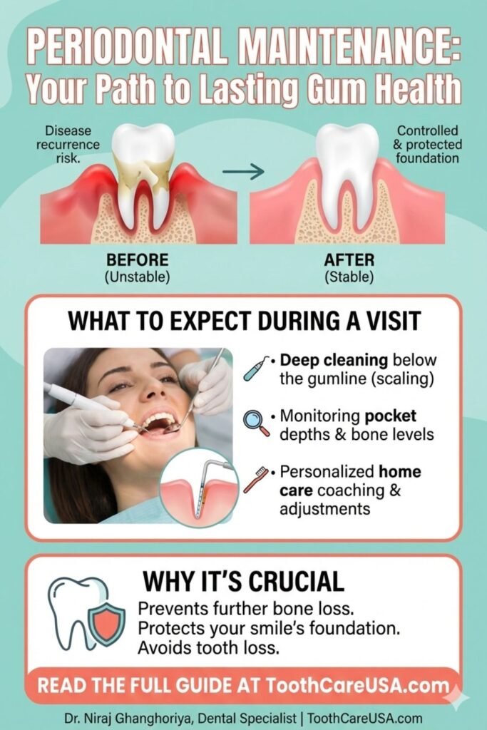 Chart showing the importance of 3-month periodontal maintenance visits versus regular 6-month cleanings.
