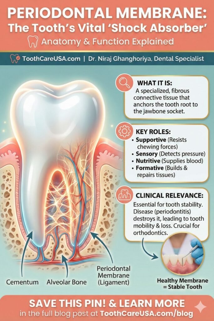 Vertical infographic pin titled "PERIODONTAL MEMBRANE: The Tooth’s Vital 'Shock Absorber'". Shows a tooth cross-section with the membrane highlighted between cementum and alveolar bone. Panels describe "WHAT IT IS", "KEY ROLES" (Supportive, Sensory, Nutritive, Formative), and "CLINICAL RELEVANCE" regarding disease and orthodontics. Includes ToothCareUSA.com branding and an inset image of a gum check.