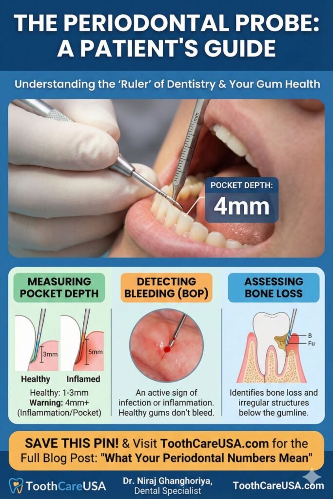 : Close-up of a periodontal probe instrument measuring a gum pocket, highlighting the millimeter markings used as a ruler