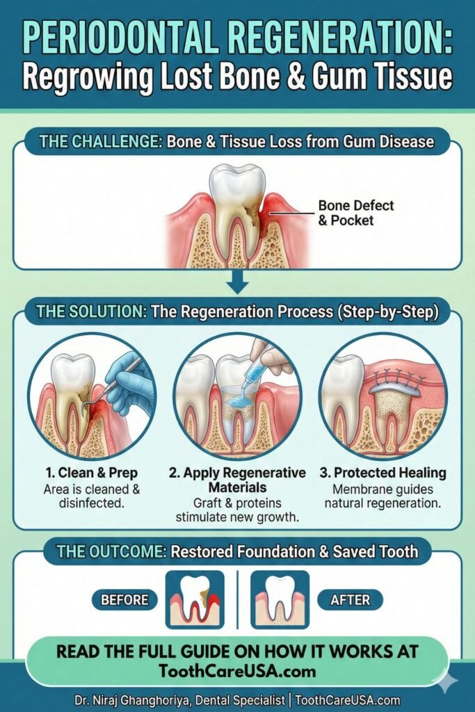 Illustration of bone grafting and guided tissue regeneration to restore lost jaw bone.