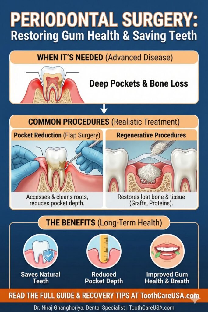 Illustration of periodontal surgery techniques to reduce gum pockets and restore health.