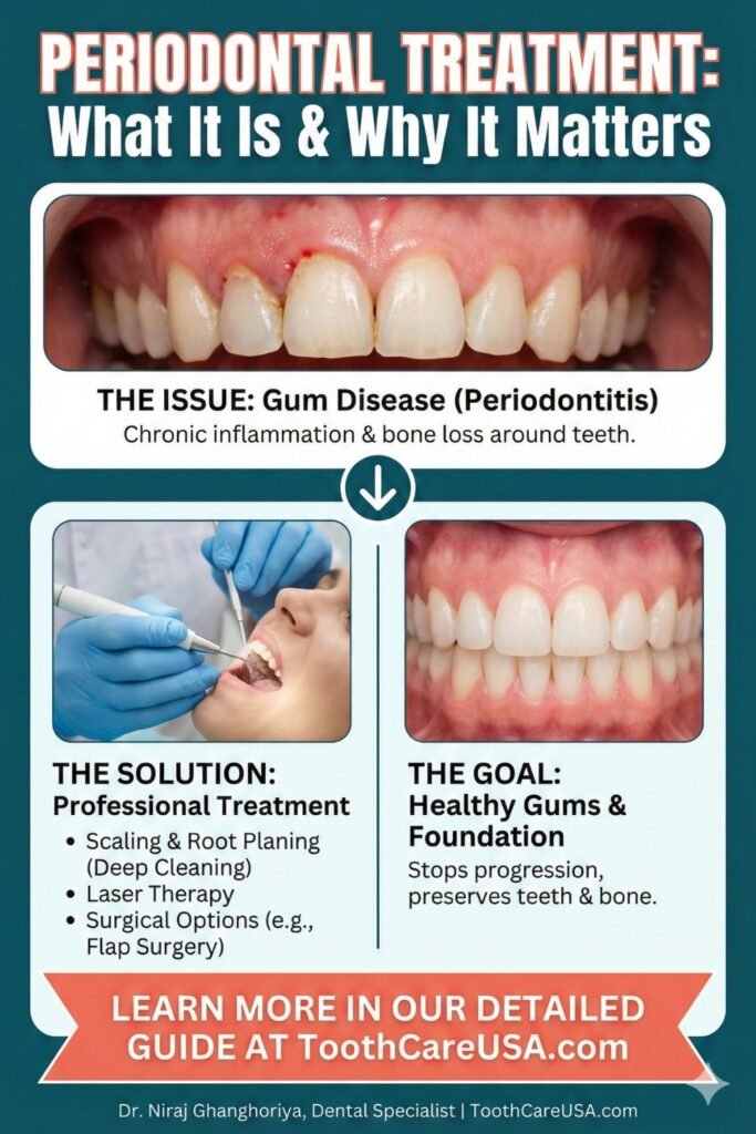 Infographic explaining periodontal treatment for gum disease, featuring before and after illustrations.
