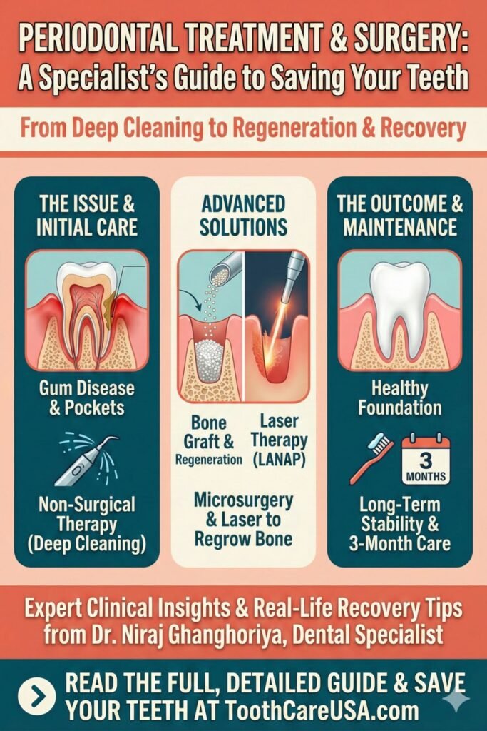 Comprehensive infographic titled "Periodontal Treatment & Surgery" showing three stages: 1. The Issue (Gum Disease & Deep Cleaning), 2. Advanced Solutions (Bone Grafts & Laser Therapy), and 3. The Outcome (Healthy Foundation & 3-Month Maintenance).